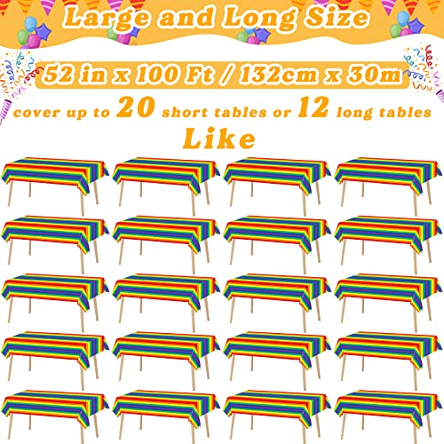 Carnival Pride Rainbow Striped Tablecloth Roll - 52 in x 100 in with Slide Cutter - Plastic Table Cloth Roll - Rainbow Party Table Cover for Indoor and Outdoor Family Parties and Celebrations - color: Rainbow