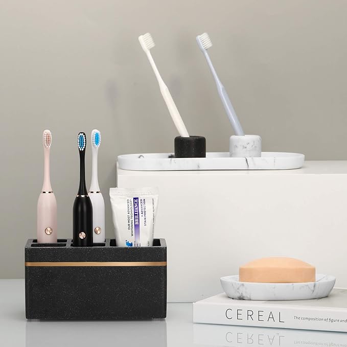 Shinowa Resin Toothbrush Holder, 5 Slots Hygienic Electric Toothbrush Holder Storage Stand Organizer for Toothbrush, Toothpaste, Razor, Gravel Black