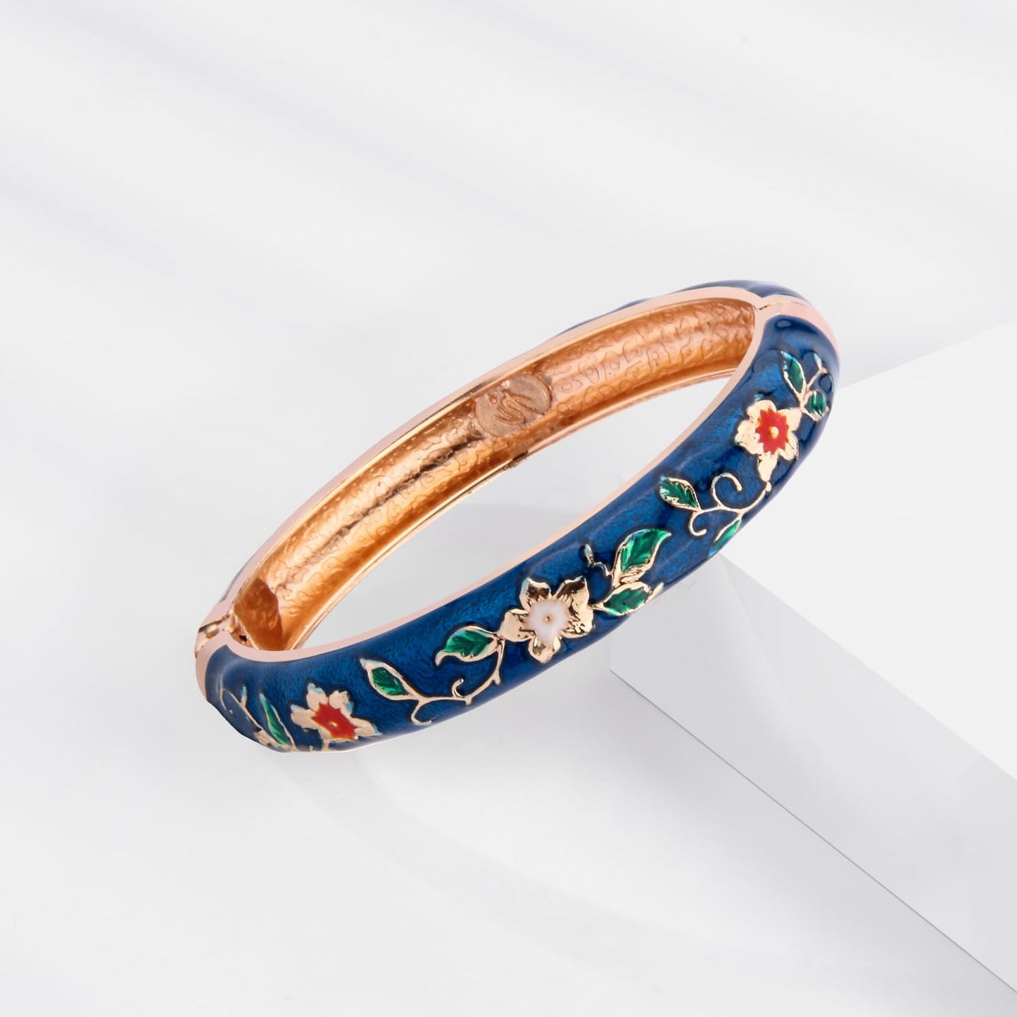 UJOY Bangles 5 Pcs Enamel Jewelry Set Rose Flower Engraved Cloisonne Bracelets Pack in a Box 5PCS Blue White