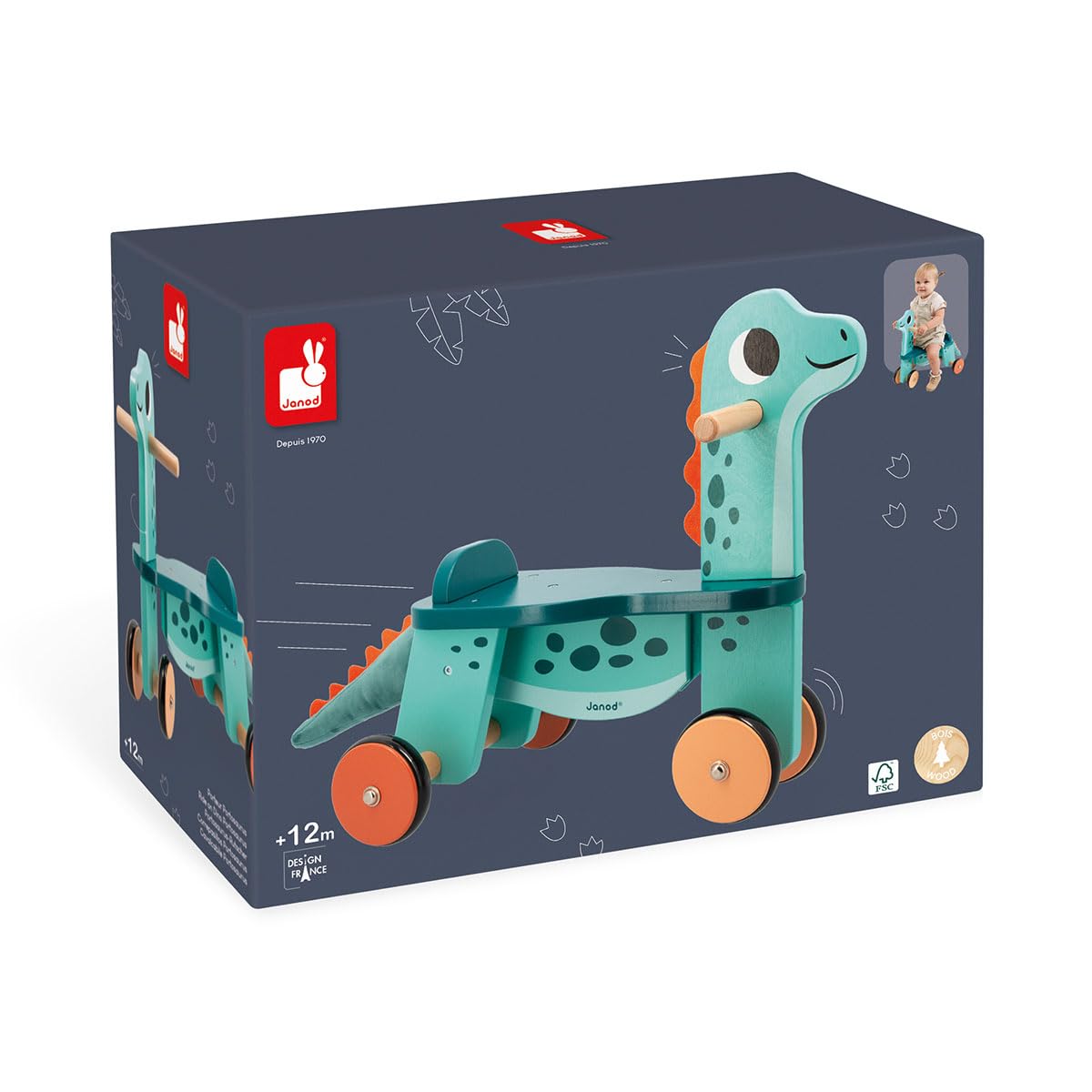 Janod Dino - Ride-On Wooden Dinosaur ‘Portosaurus’ - 18.5” Tall Adorable Scooting Toy with Steerable Front Wheels - Includes Plush Tail - Ages 12 Months- 4 Years - J05828