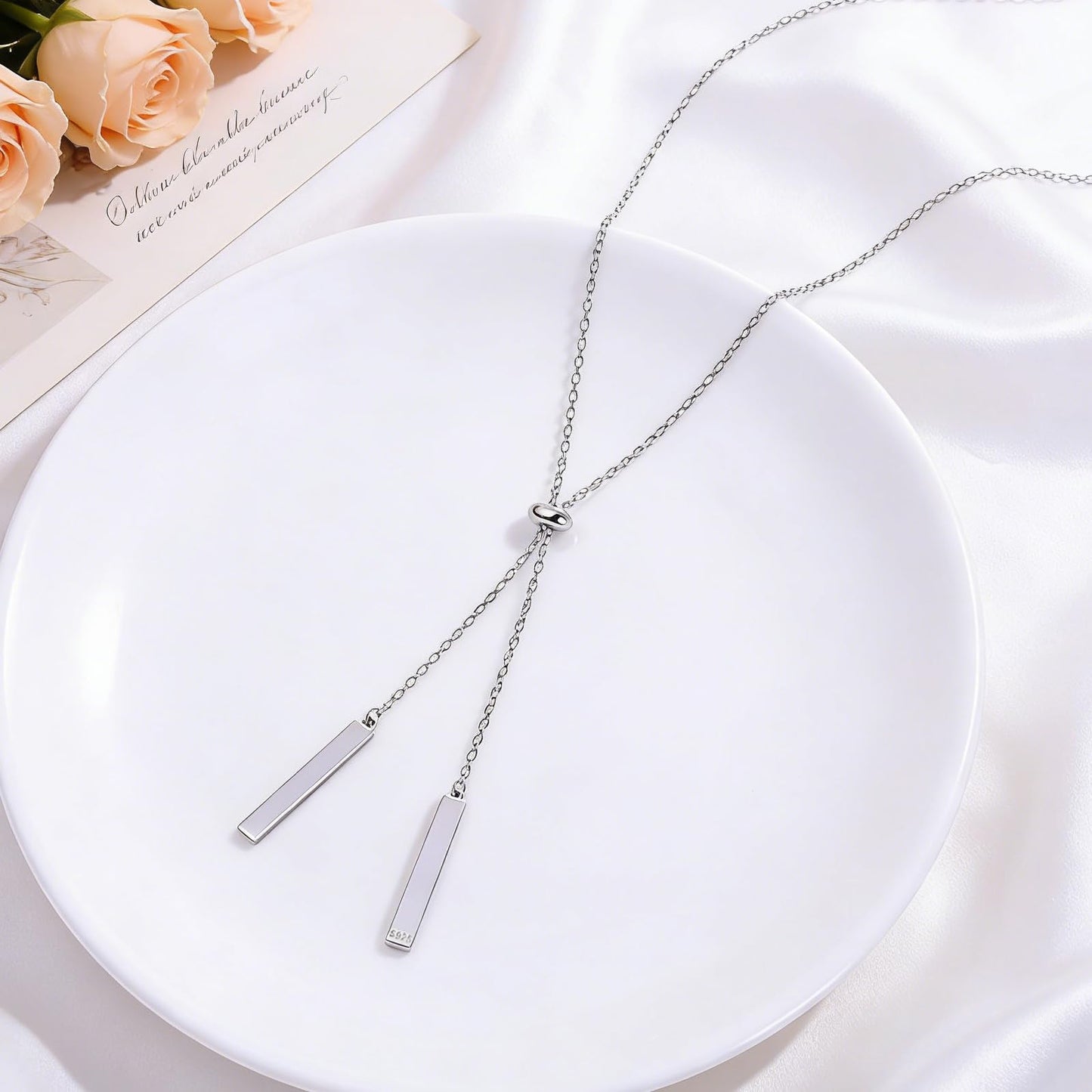 DAOCHONG Long Bar Necklace for Women Sterling Silver Bar Y Lariat Long Chain Drop Adjustable Necklace Gift for Her, 30"