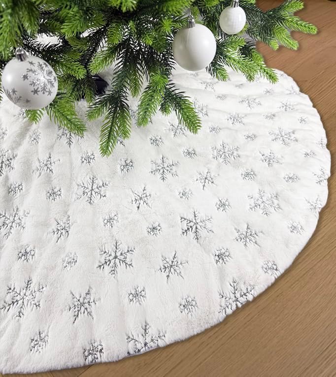 AOGU 60 Inch Sequin Faux Fur Christmas Tree Skirt Decoration for Merry Christmas Party White Plush Silver Sequin Snowflake Xmas Christmas Tree Skirt Decorations