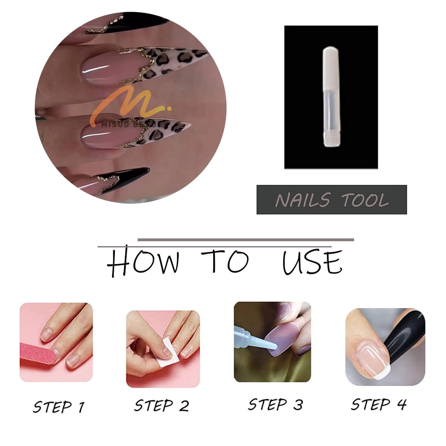 MISUD Press on Nails - Long Stiletto Glue on Nails with Black French Tip, Acrylic Cheetah Leopard Design 24 pcs