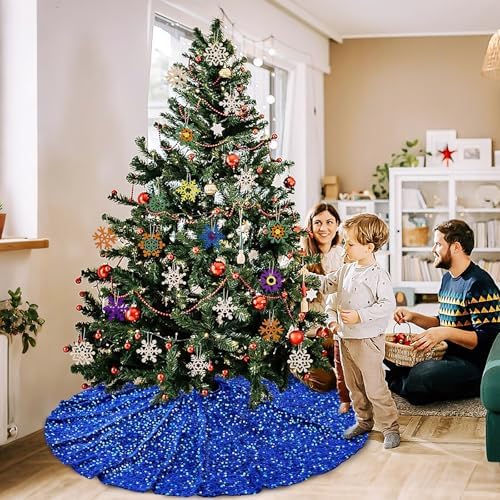 48 Inches Christmas Tree Skirt: Sequin Sparkly Tree Skirts - Royal Blue Velvet Tree Skirt for New Years Christmas Tree Decorations