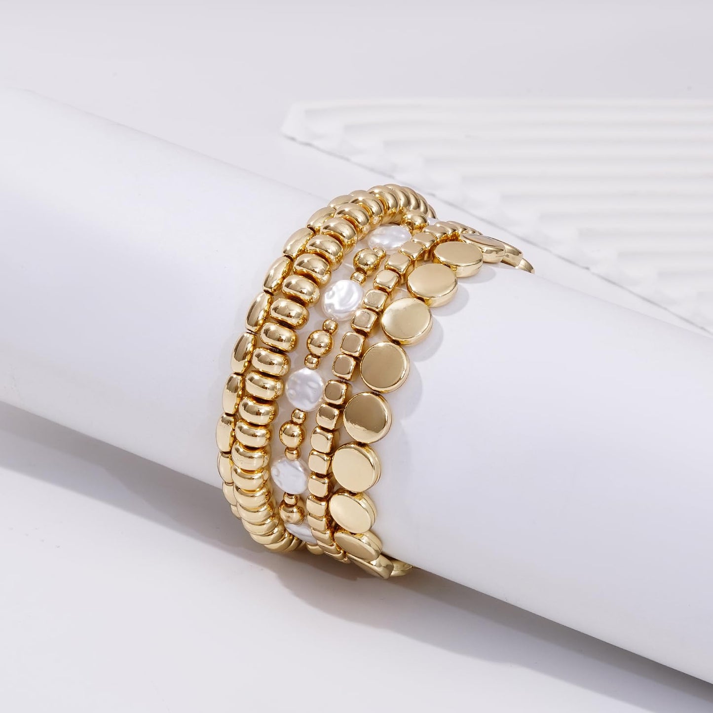 Sajidos Gold Plated Beaded Bracelets for Women Trendy, 14K Gold Plated Stack Cross Pearl Gold Plated Bead Stretch Bracelets Set Elastic Hypoallergenic Bracelets Jewelry Gifts