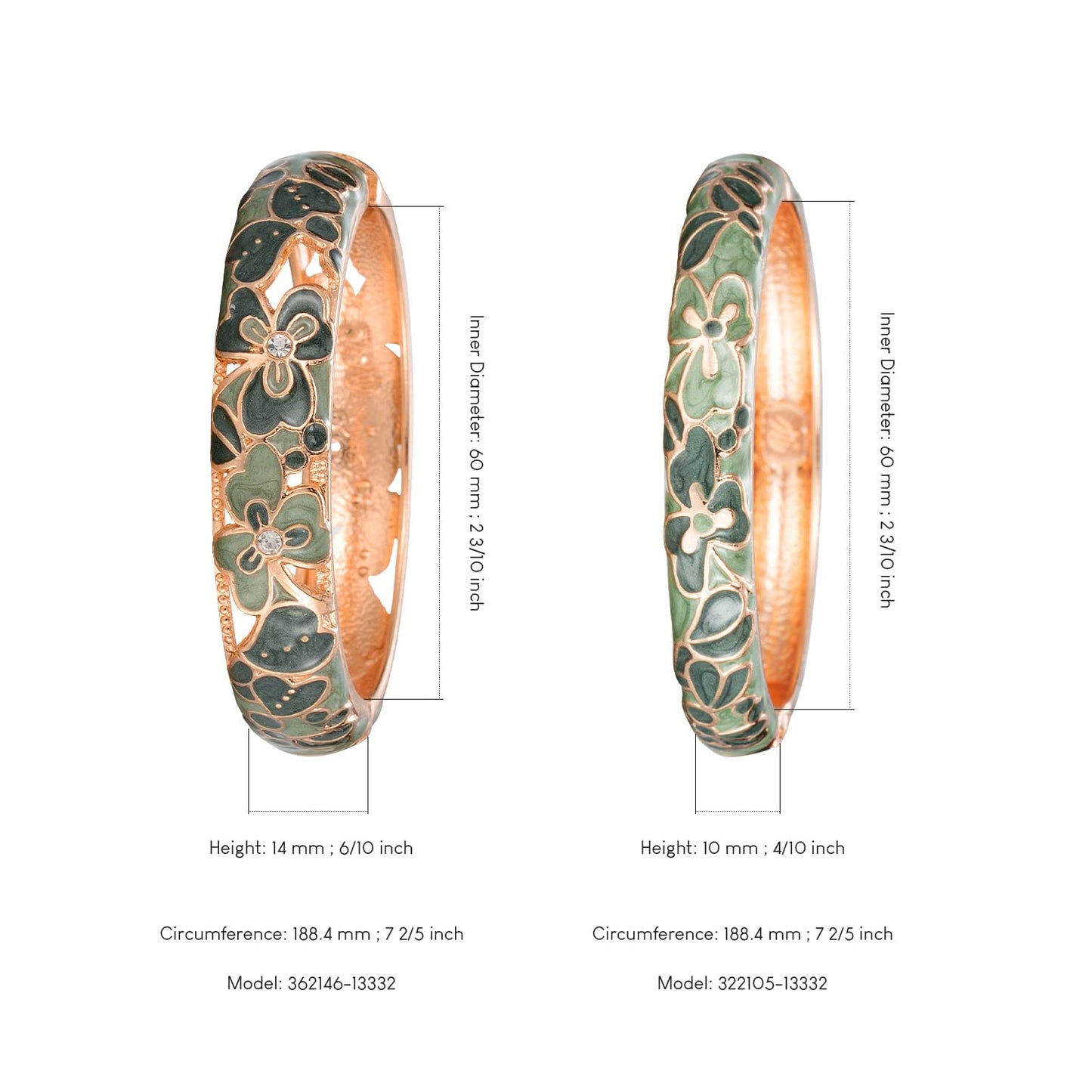 UJOY Women Cloisonne Bracelet Multi-Colors Plated Rhinestone Flower Hollowed Enameled Hinged Cuff Bangles Jewelry Gift 88A22-55A100 Green