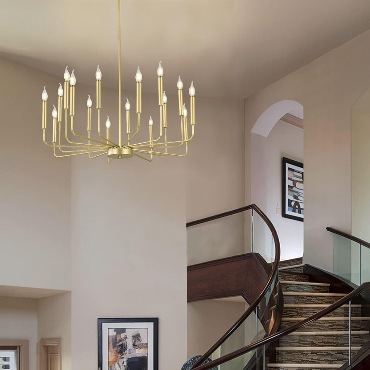 Modern Gold Farmhouse Chandeliers, 16-Light Industrial Metal Chandelier Lighting, Classic Candle Hanging Pendant Light Fixtures for Kitchen Island, Living Room, Dining Room, Stair