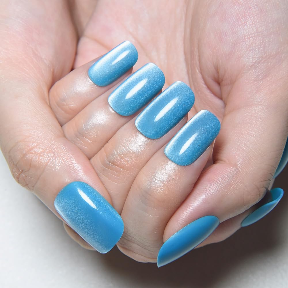 Aqua Blue Cat Eye Press on Nails Medium Square, Medium Square Press Stick on Nails Chrome for Women Gift, Aqua Blue Holographic Glitter Glossy Reusable Gel Acrylic Fake Nail with Designs Cateye Effect