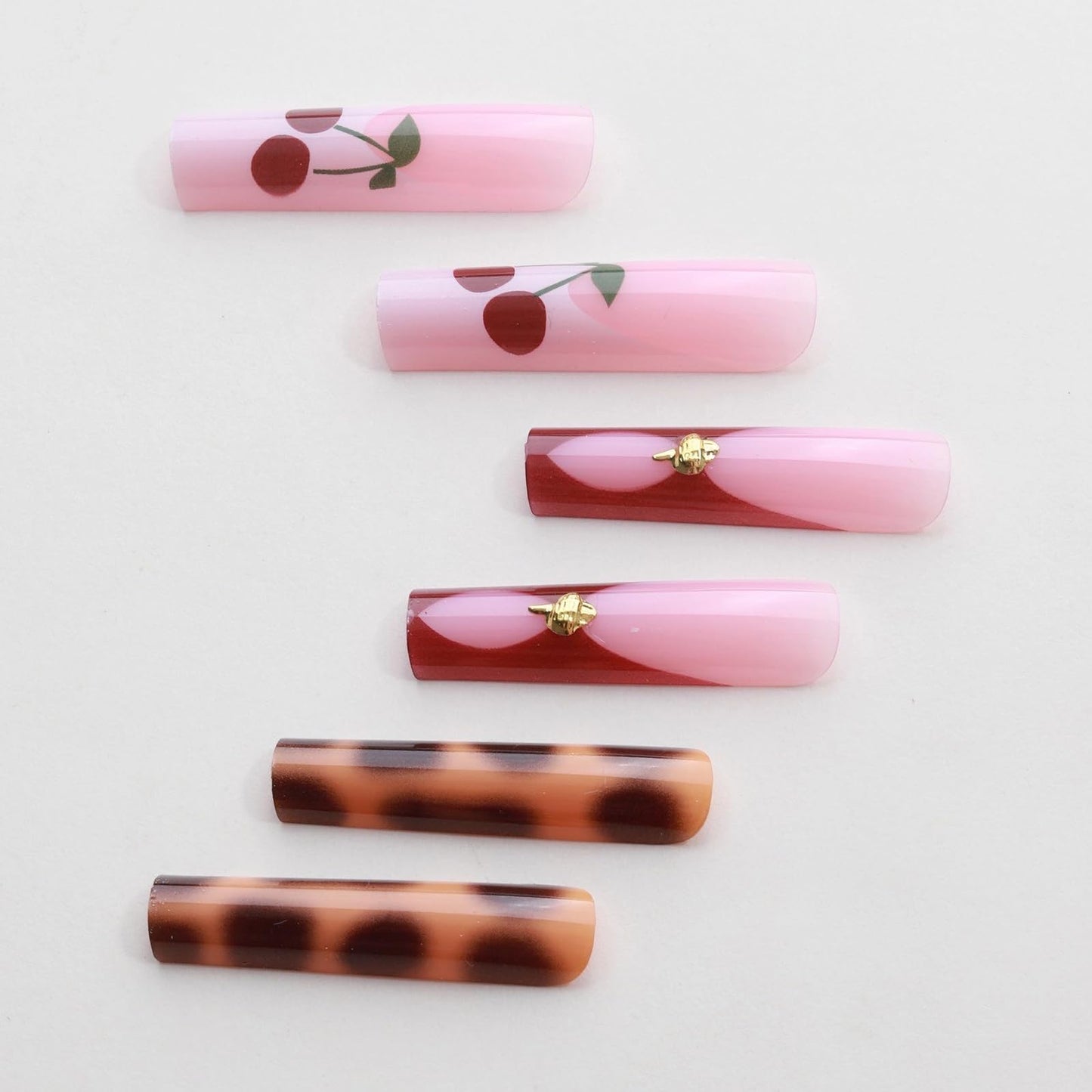 MISUD Press on Nails - Extra Long Square Glue on Nails with Cherry, Acrylic Tortoise Shell Design 24 pcs