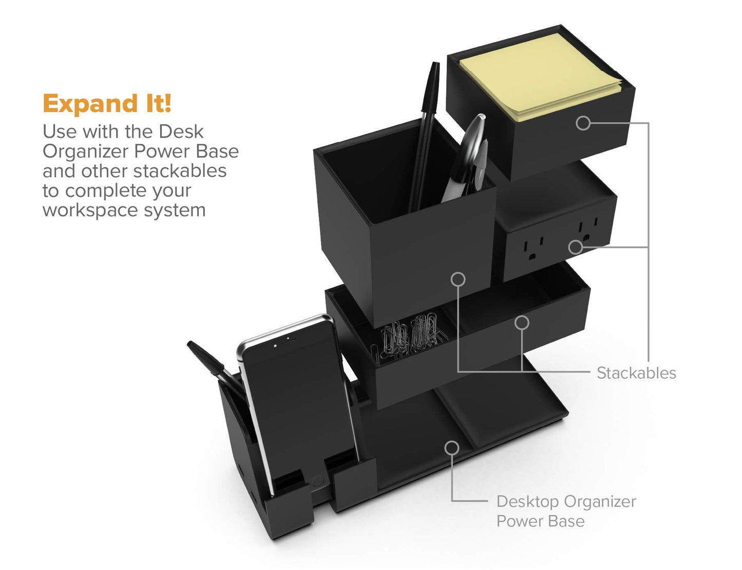 Bostitch Office Konnect Desk Organizer Accessory Tray & Storage Cup Bundle, Stacks for Desktop Storage,Makeup Organization, Black