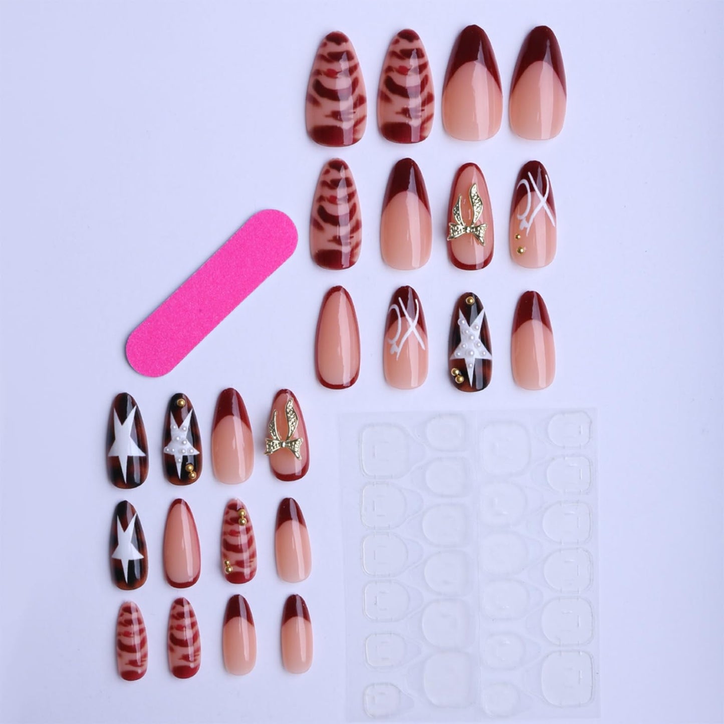 Octoswave Medium Press on Nails Almond Fake Nails 3D Bow Artificial Nail Glossy Rhinestones Charm Stick on Nail for Women 24pcs