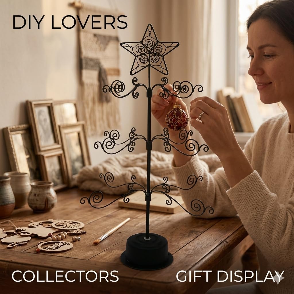 HOHIYA 24” Rotating Ornament Display Tree Stand 36 Hooks Metal Tabletop Display Rack for Christmas Ornaments Halloween Decor Craft Show Display Heavy Duty Black