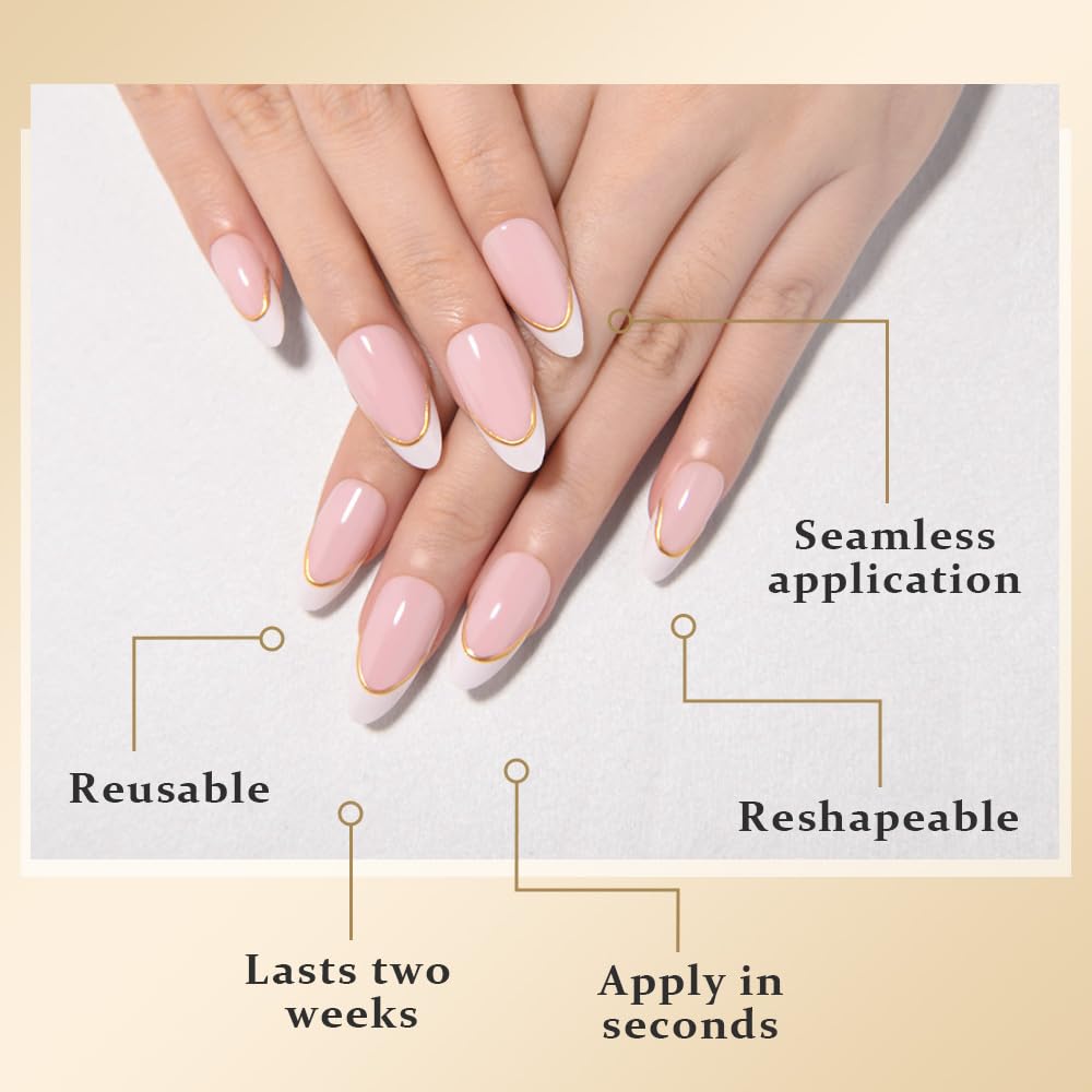 evpct French Tip Press On Nails Almond Medium, Nude Pink + Gold Line & Wihte Tips, Medium Almond Fake False Press on Nails, Soft Gel Stick on nail Press ons with Nail Kit, Reusable Salon Quality