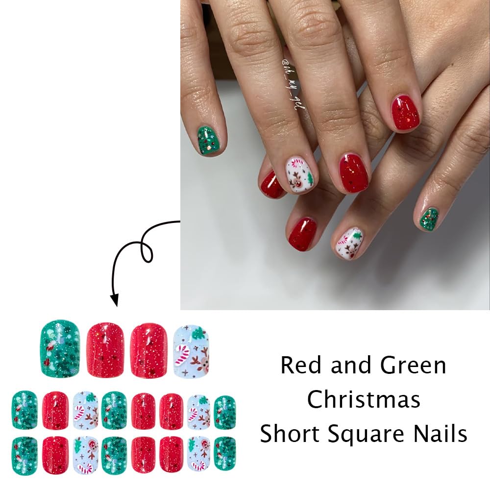 Christmas Short Press on Nails EIK Winter Fake Nails with Glitter Designs Crutch Red Full Cover Stick on Nails Christmas Tree Square Nail Press ons Xmas Reusable Cute False Nail for Women 24Pcs