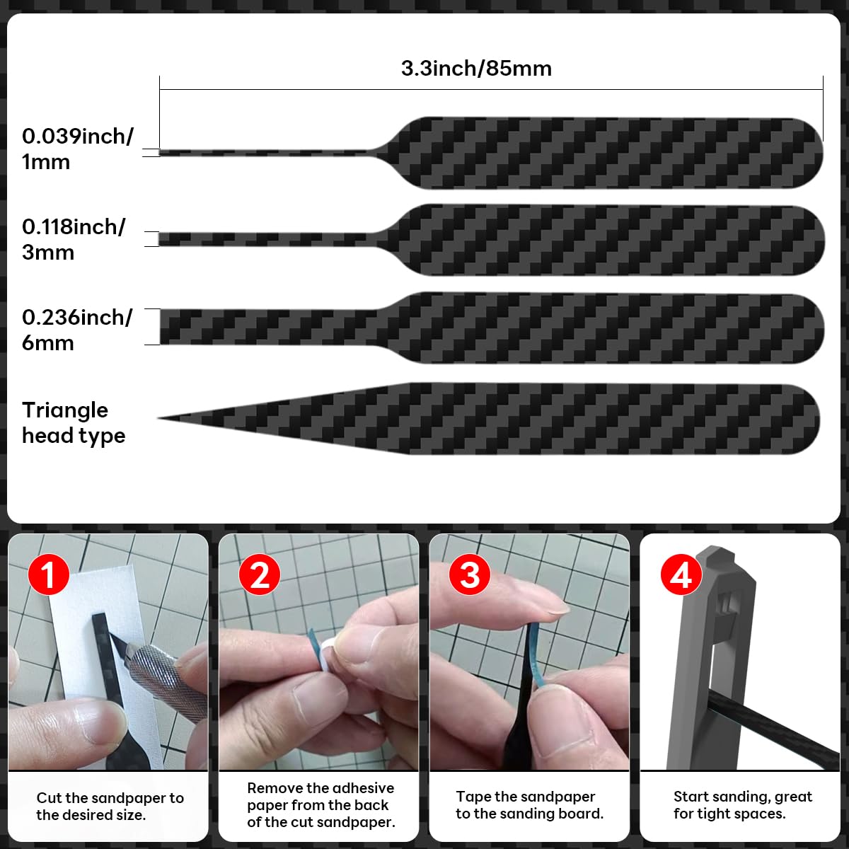 stedi Carbon Fiber Sanding Sticks, Hobby Model Tools, 7-piece Set (3"×0.6",3"×0.4",3"×0.2" and 4 Detail Sanding Boards) Professional Sanding Sticks for Sticky Sandpaper