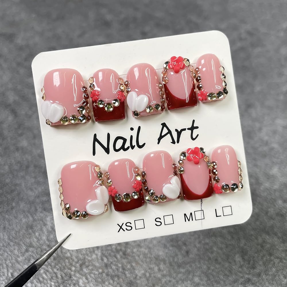 Handmade Press on Nails Square Short Fake Nails French Tip Red with 3D Flower Designs Rhinestones luxury Glossy Cute Acrylic Nails for Women 10pcs (Size M）