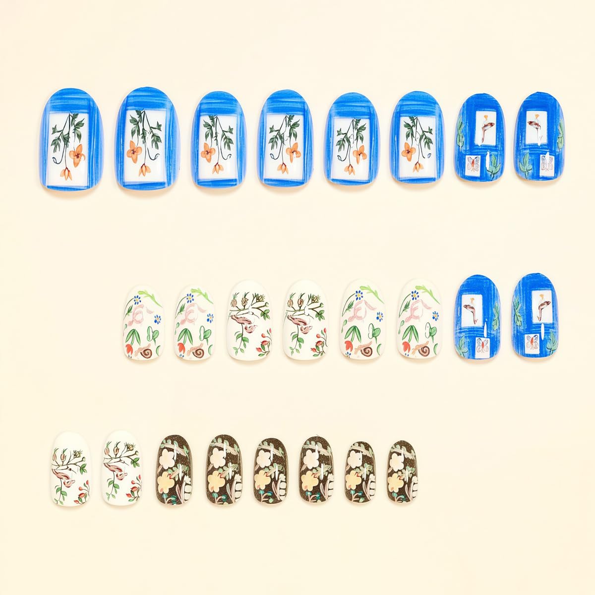 Spring Short Press on Nails Oval - Animal with Flower Design, Oil Painting Style Full Cover Glossy Fake Nails 24PCS for Women Manicure