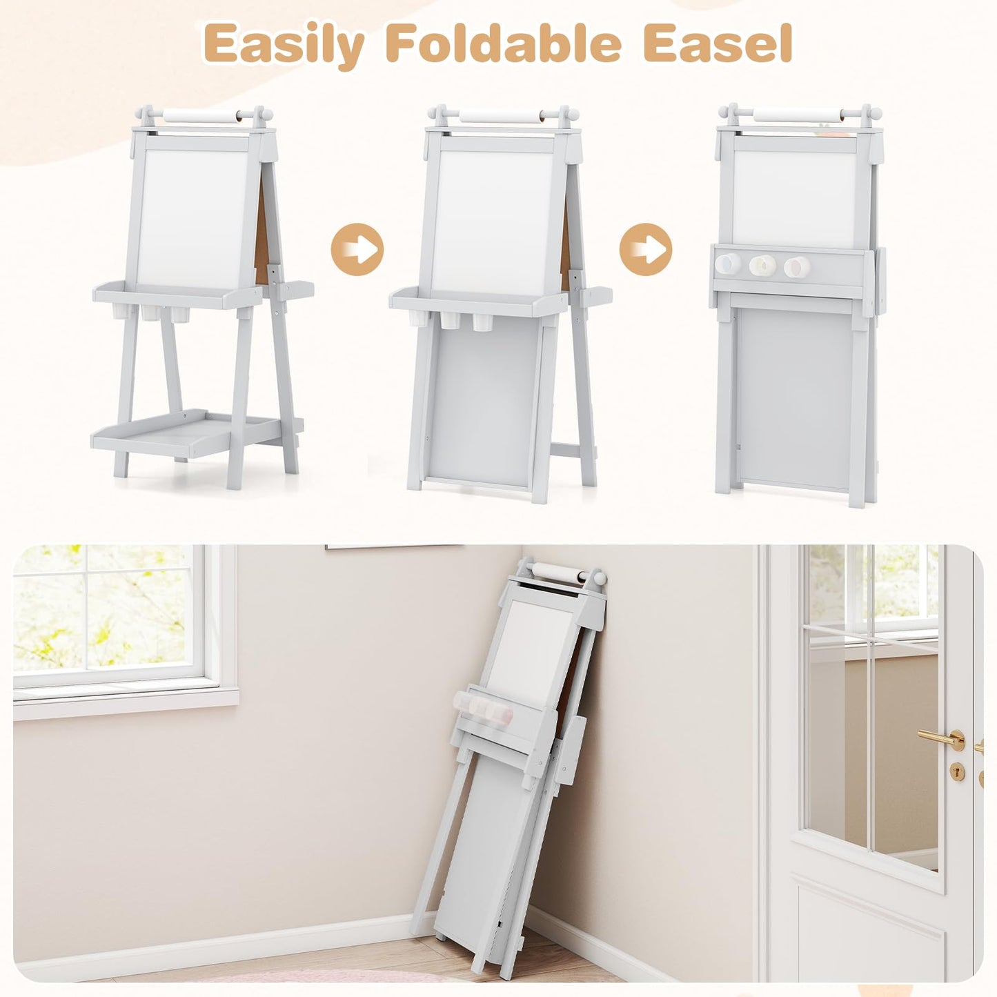 OLAKIDS Easel for Kids, 3 in 1 Adjustable Painting Art Board, Foldable Double-Sided Wooden Drawing Chalkboard Magnetic Whiteboard with Paper Roll, Storage Rack, Cups for Boy Girls (Gray)