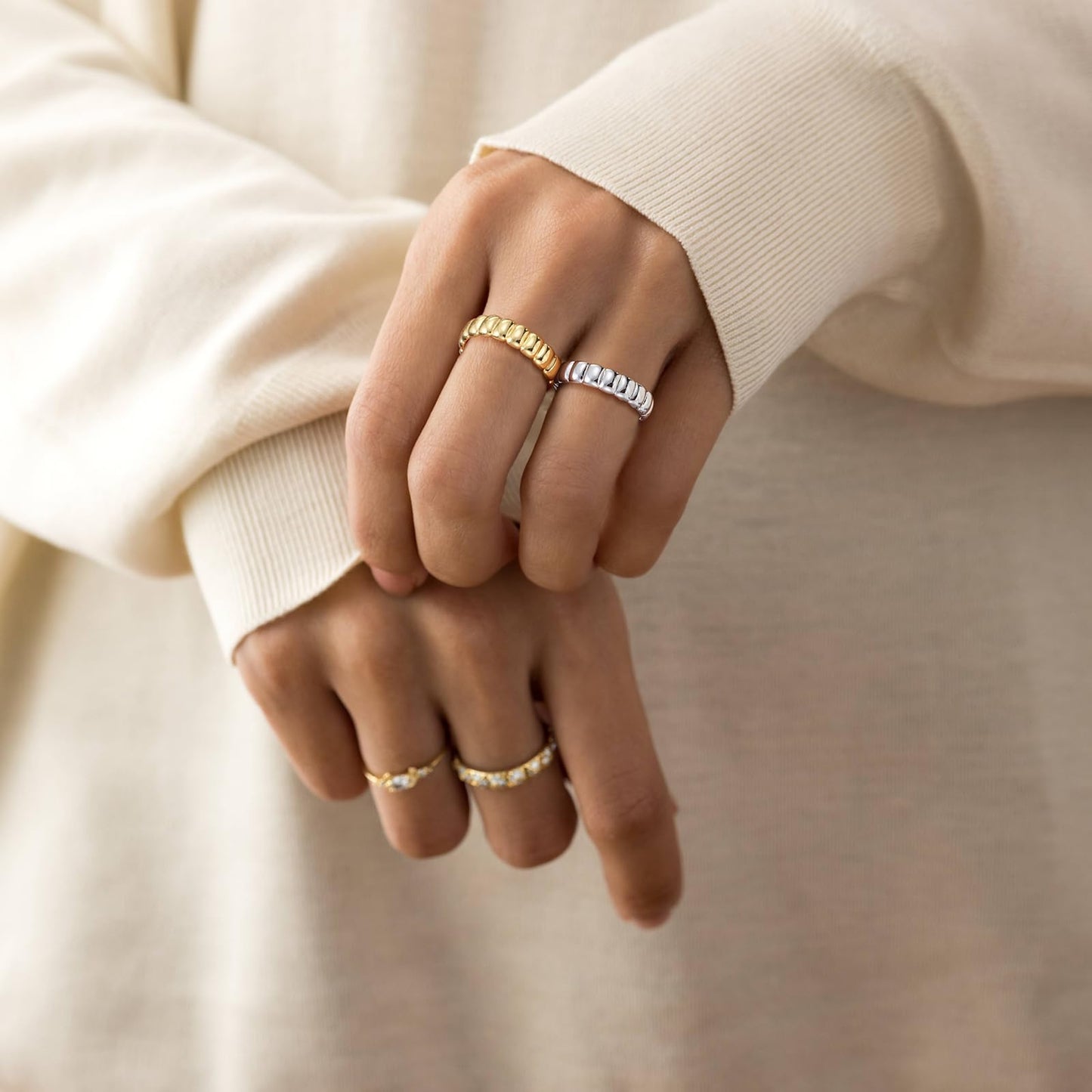 Punhem Chunky Gold Statement Rings for Women 14K Gold Silver Tone Non Tarnish Cute Puffy Dome Croissant Thumb Band High Polished Smooth Comfort Fit Size 5-10