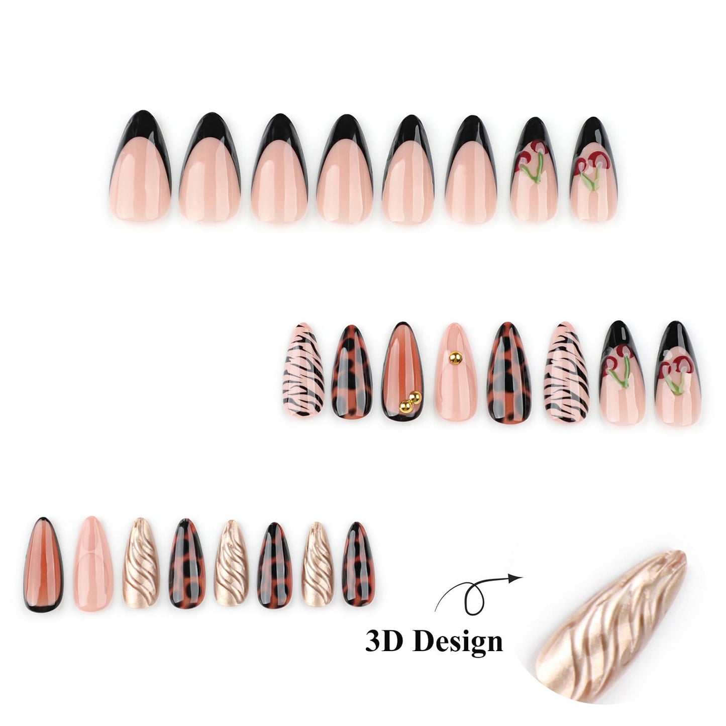 MISUD Press on Nails - Medium Almond Fake Nails with Cherry Tortoise, Acrylic Fall Brown Design 24 pcs