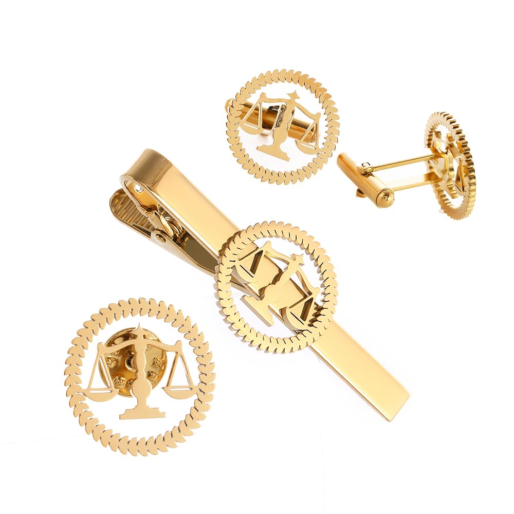 Metal Balance Badges Suit Brooch Libra Scales Brooches For Men (gold pin+tie clip+ cuff-link)