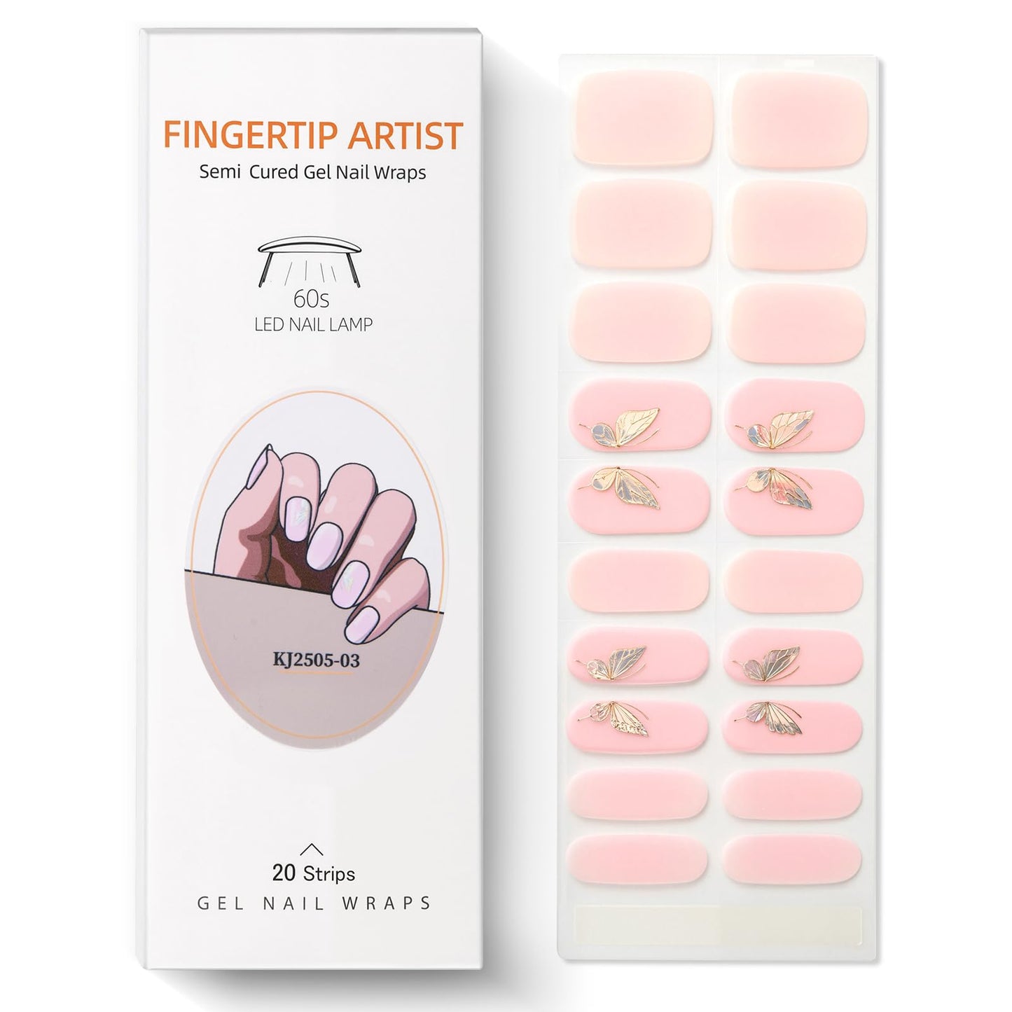 Semi Cured Gel Nail Strips with Butterfly Designs Gel Nail Stickers Glitter Full Cover Nails Wraps Need UV/LED Light with 2 Prep Pads 1Wooen Stick 1Nail File for Women 20Pcs