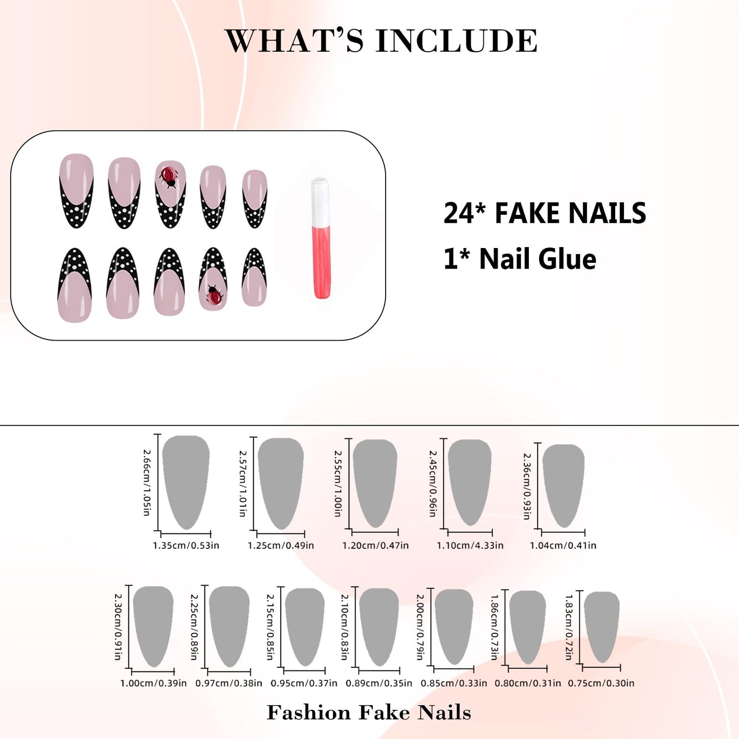 IMRAIN Press on Nails Almond - Medium Black French Tip Fake Nails with Polka Dot & Ladybug Designs, Glossy Full Cover False Nails, 24Pcs Nail Kit for Women Manicure