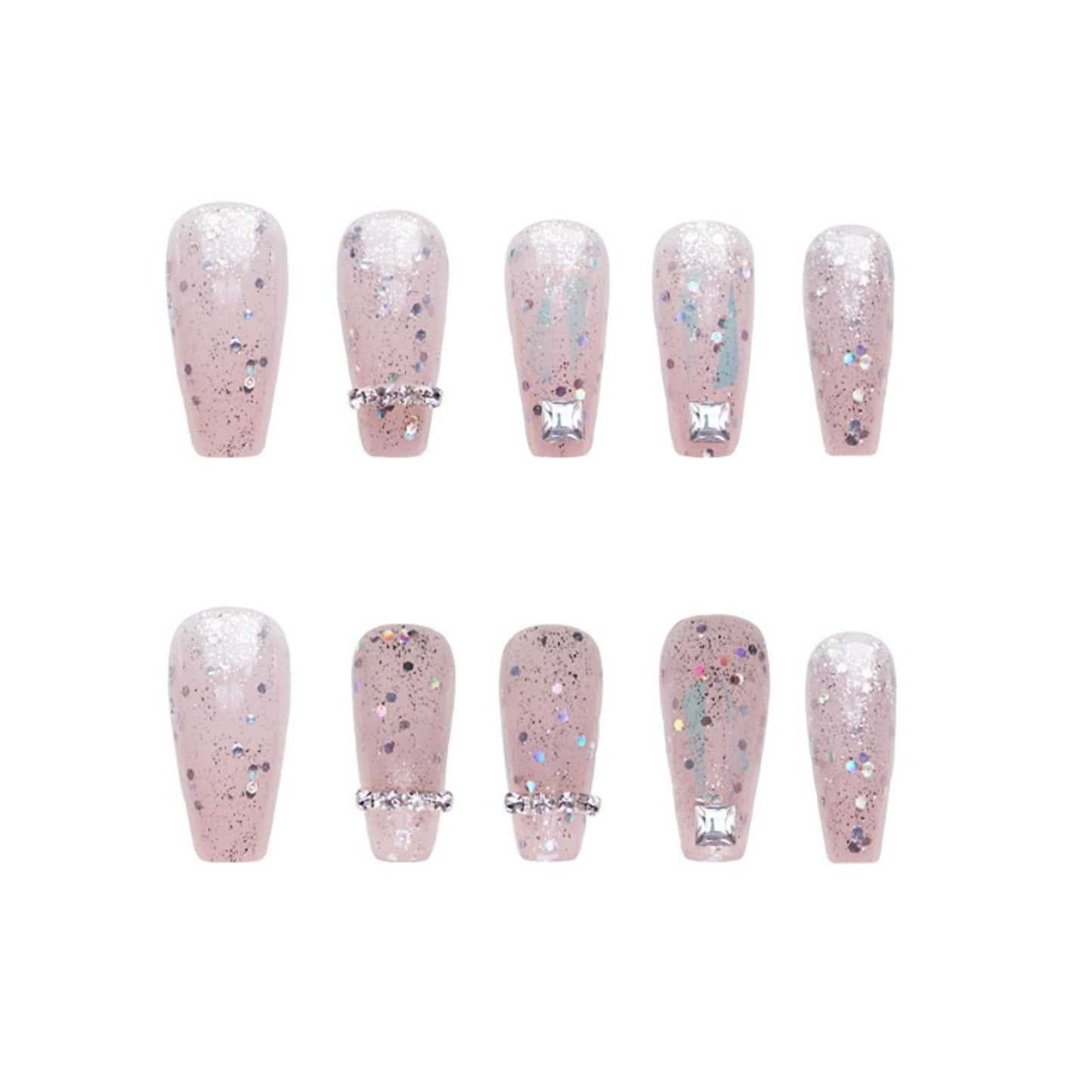 DANMANR Long Press on Nails Square French Fake Nails Full Cover Nude Acrylic False Nails for Women and Girls 24PCS (Multicolor Medium Coffin)