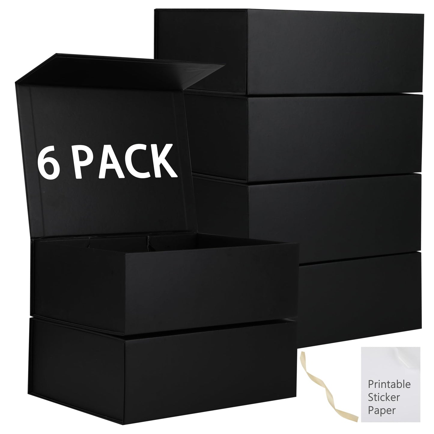 MUMUPACK 6 Pack Black Gift Boxes With Lids,12x8x4.5 Inch Bridesmaid Proposal Box And Printable Stickers,Proposal Boxes With Ribbon For Wedding, Packaging, Present, Birthday