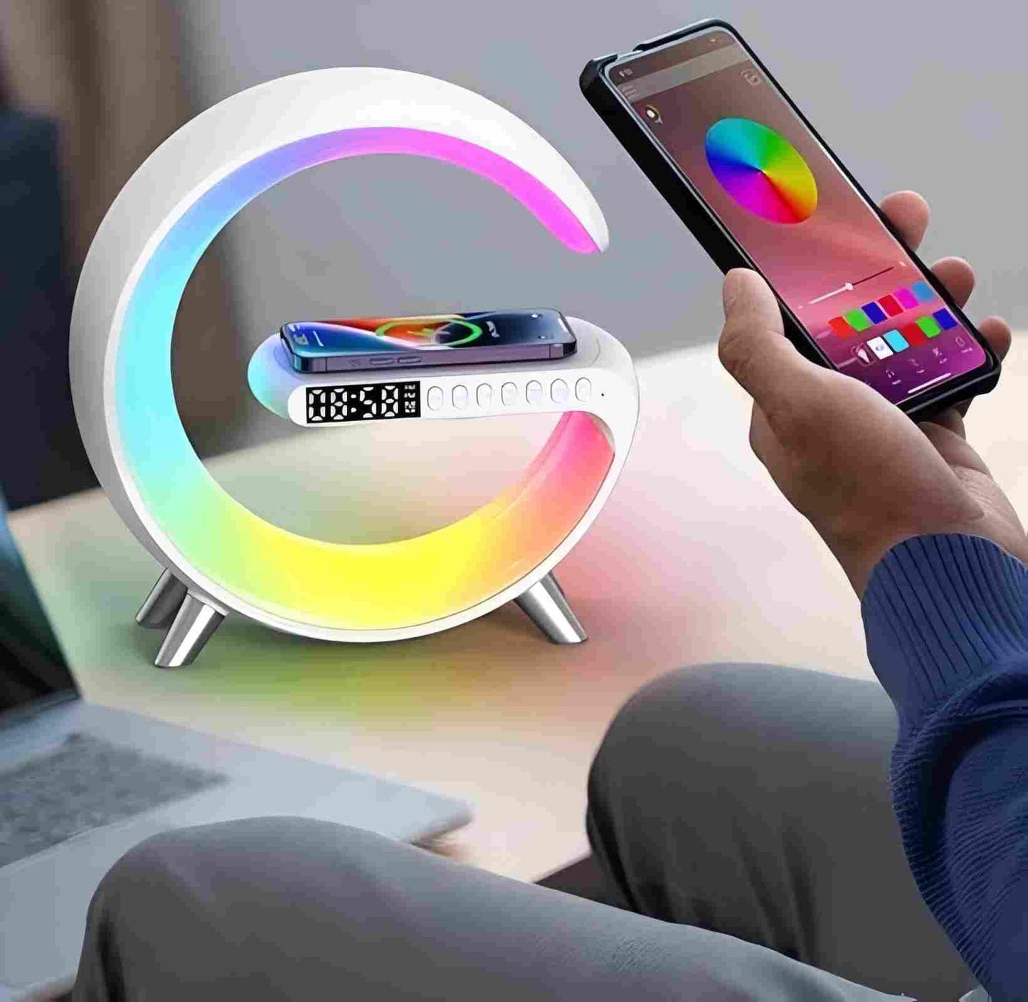 BKDRL Bluetooth Speaker Lamp with Wireless Charger, RGB Night Light, Alarm Clock, App Control - White
