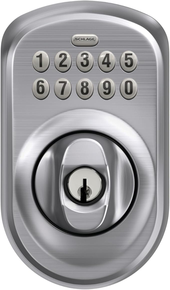 Schlage BE365 PLY 626 Plymouth Keypad Deadbolt, Electronic Keyless Entry Lock, Satin Chrome