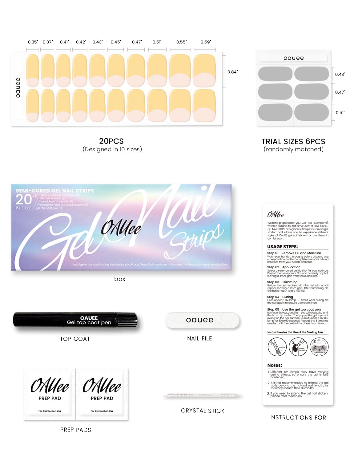 Oauee Semi Cured Gel Nail Strips | Built-In Gel Top Coat | UV Light Required | Salon Quality, Easy Application And Removal (Sunshine French）