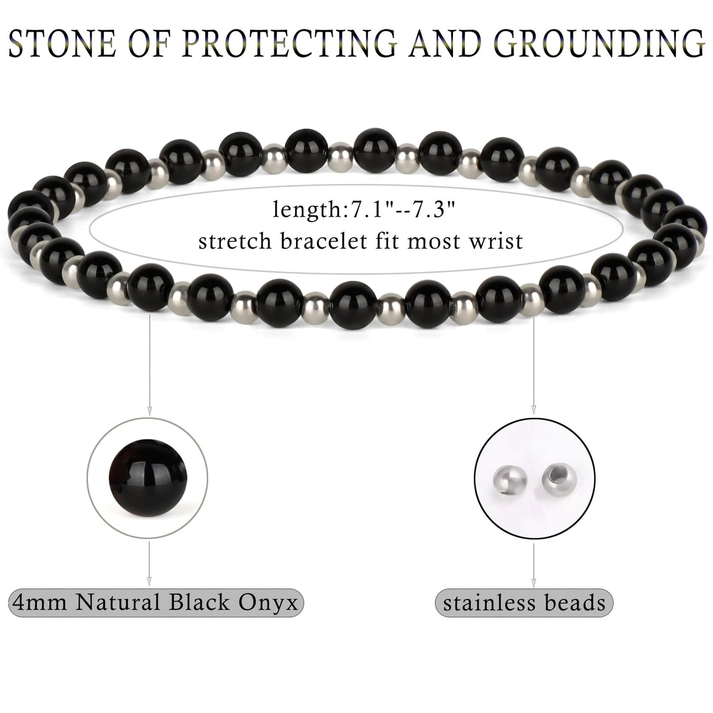 QOGIR Black Onyx - Protecting and Grounding - Stainless Silver Beads Natural Gemstone Stretch Elastic Dainty Healing Beaded Bracelets Gifts 4mm
