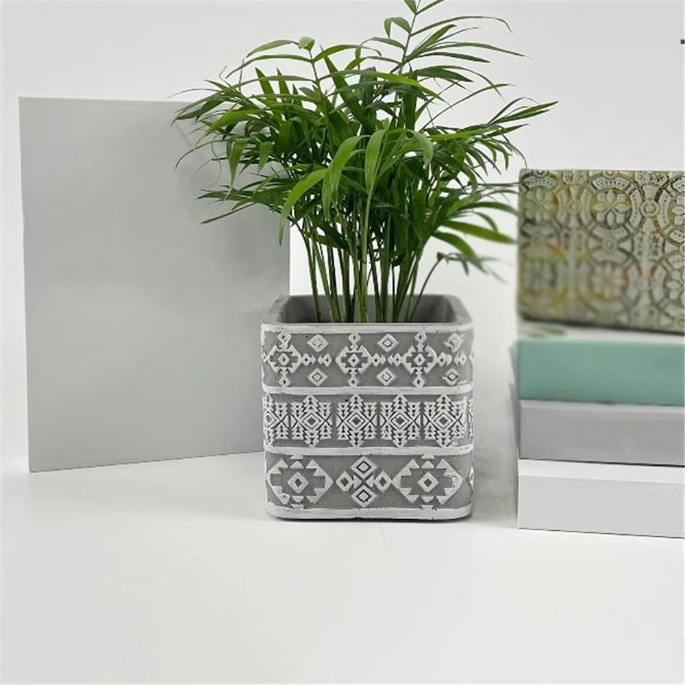 HFlexY5G Flowerpot Square Shaped Flower Pot with Drainage Holes, Grey Background White Embosse Pattern Cement Plant Pot, for Balcony Living Room Bedroom Pots for Plants(Large)