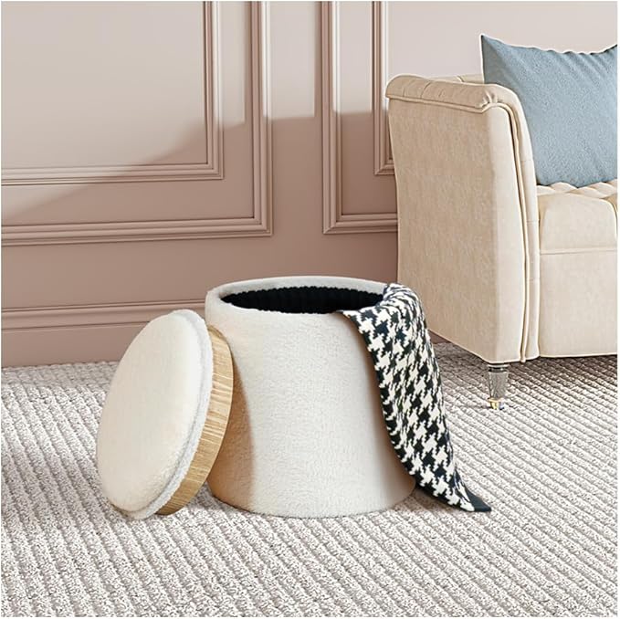 PINPLUS Round Storage Ottoman Boucle Ottoman with Tray, Teddy Velvet Footstool Cube for Living Room, Bedroom, Dorm 13.4"x13.4"x15" (White)