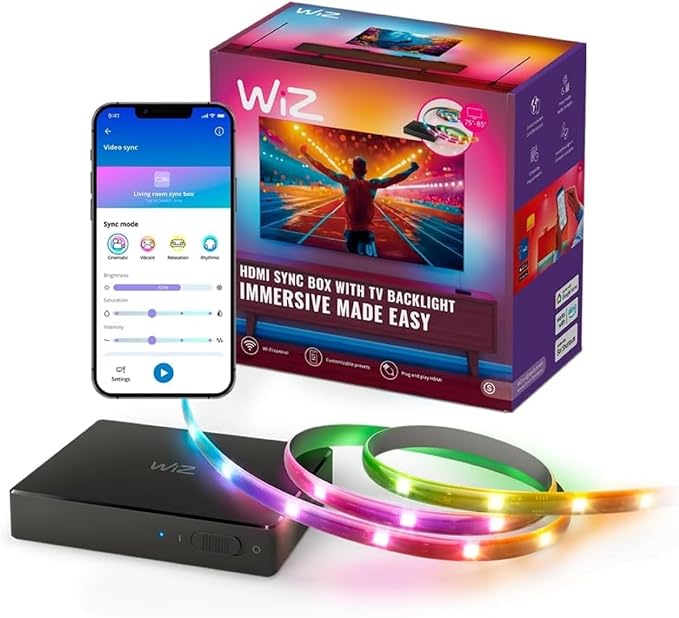 WiZ Connected HDMI Sync Box with TV Backlight - Sync to Movies, Games & Music - HDMI 2.0 Supports 4K 60Hz - RGBIC LED Strip 75-85 Inch TVs -Requires External Video Source