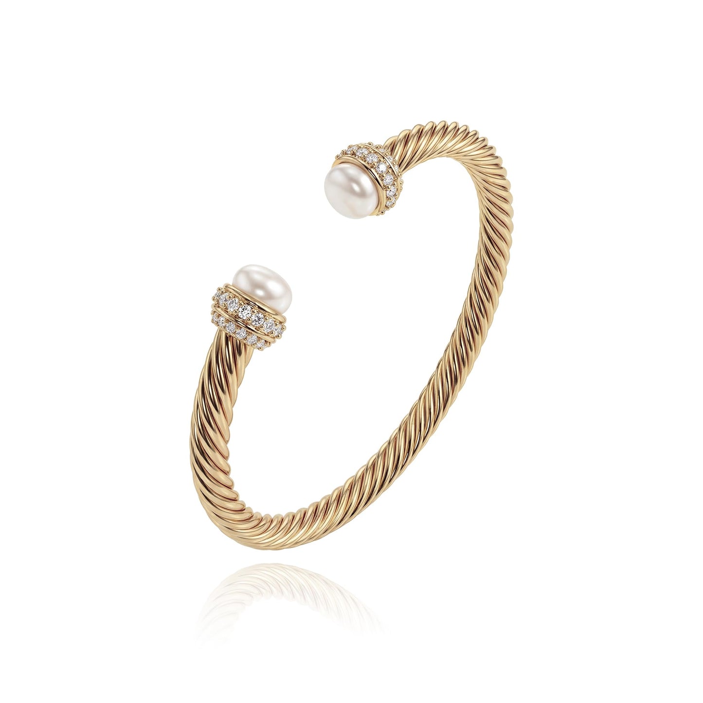 Fettero Gold Cuff Bangle Bracelets for Women - 14K Gold Plated Adjustable Open Cuff Friendship Bracelets Elegant Twisted Cable Bangle Bracelet Lightweight Pearl Bracelet for Dainty Jewelry