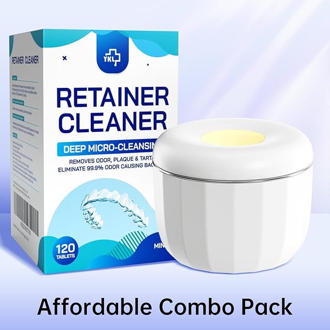 Ultrasonic Retainer Cleaner Machine ，18W/50kHz Specifically Designed for Cleaning Retainers，80ML Portable Ultrasonic Pod Including 6 Free Retainer Cleaner Tablets for Deeper Cleaning（White，YKL ）