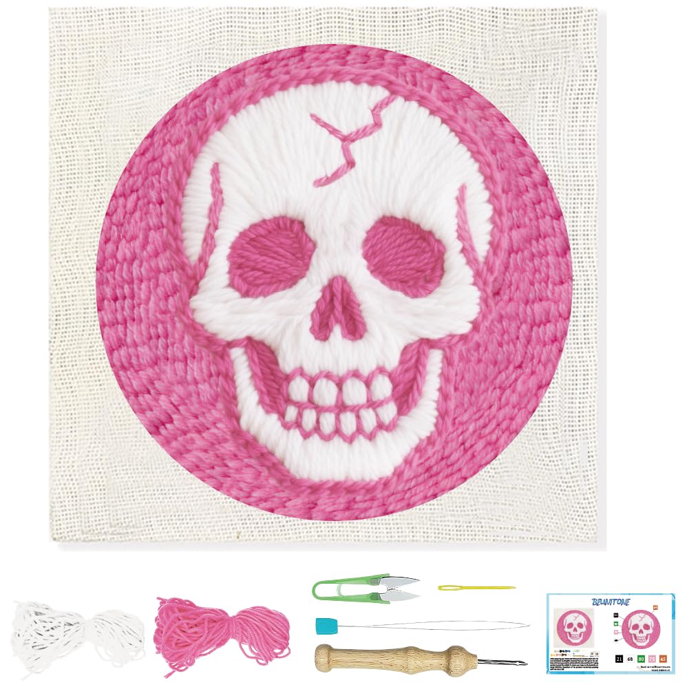 BEUNITONE Pink Skull Head Punch Needle Kit for Adults Beginners, Complete DIY Craft Needlepoint Kits with Hoop, Punch Needle Starter Craft Embroidery Set for Festival Gift and Cloth Home Decor 20x20cm