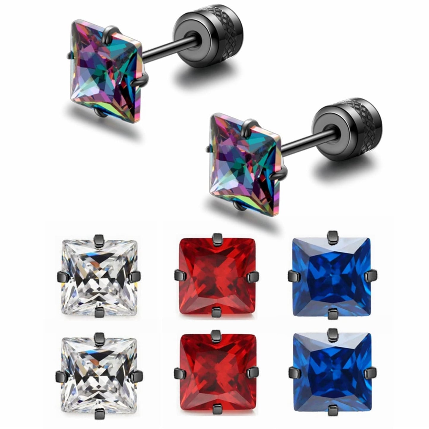 Hopply 4 Pairs Titanium Screw Back Surgical Stainless Steel Earrings for Women Men,Rainbow 5A Cubic Zirconia Studs Double Side Earrings Piercing Sleeper Jewelry 6mm