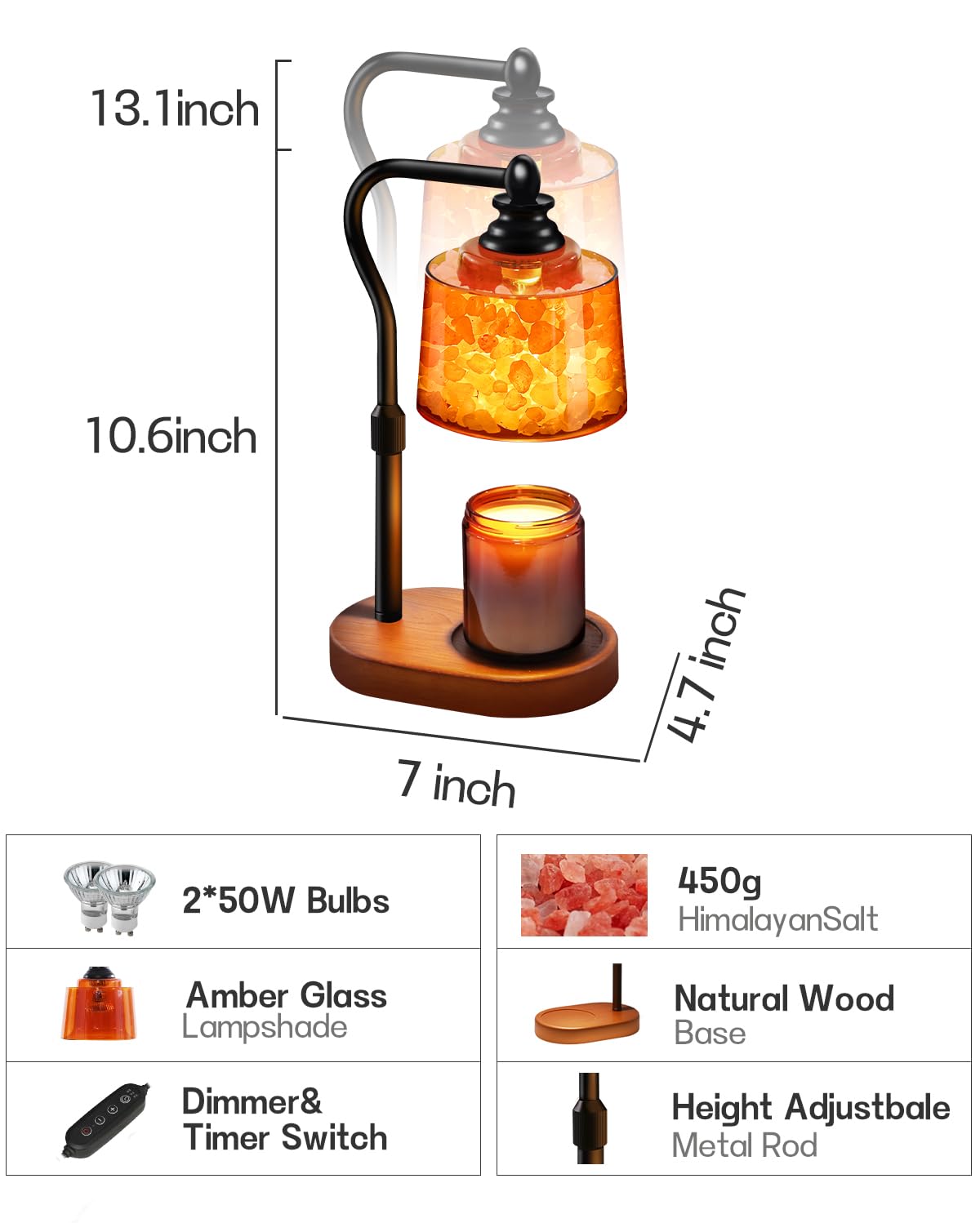 CaHomet 3-in-1 Candle Warmer Lamp with Timer Dimmable, Himalayan Salt Lamp & Passive Diffuser, Gifts for Women, House Warming Gifts, Wax Melt Warmer for Jar Candles (Black)