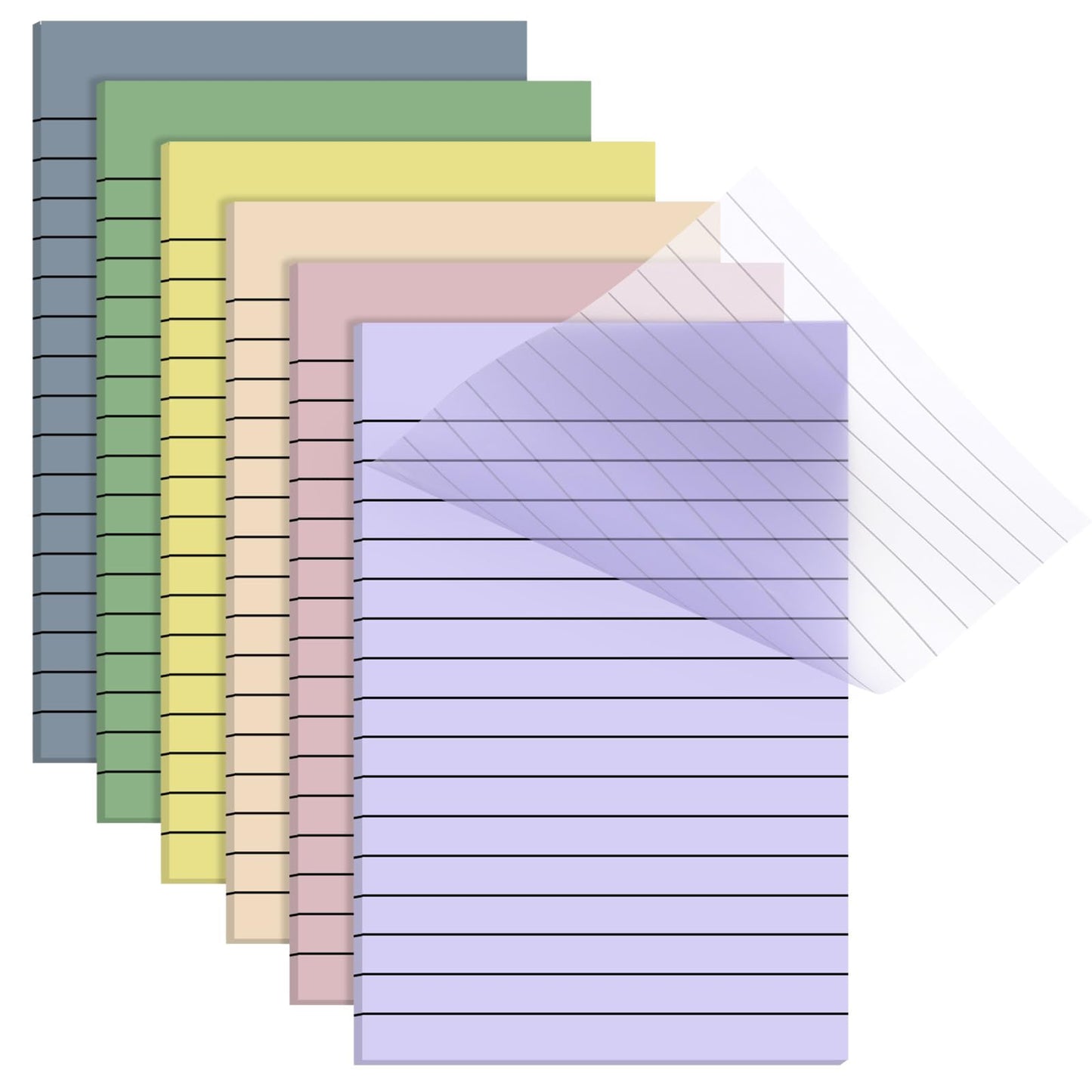 Yinder 6 Pack 180 Sheets Pastel Transparent Sticky Notes Translucent Clear Lined Self Sticky Note, Back to School Gifts for Bible Tabs, Book Tabs, School Supplies, Office, 4 x 6 Inch (Light Color)