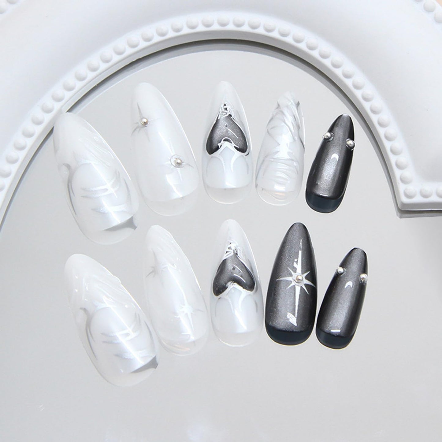 Black Press on Nails Medium Length Almond Fake Nails Silver Sparkling Star Gothic Dark Black Style Press on Full Cover Glossy Acrylic Nails Stick on Nails Nails Art Decoration for Women 24Pcs