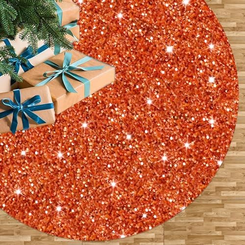 FUHSY Orange Tree Skirt Large Christmas Tree Skirt 48 Inch Halloween Tree Rugs Glitter Sequin Tree Cover Xmas Decorations Fall Thanksgiving Tree Mat Sparkly Christmas Skirts Tree for 6ft Xmas Trees