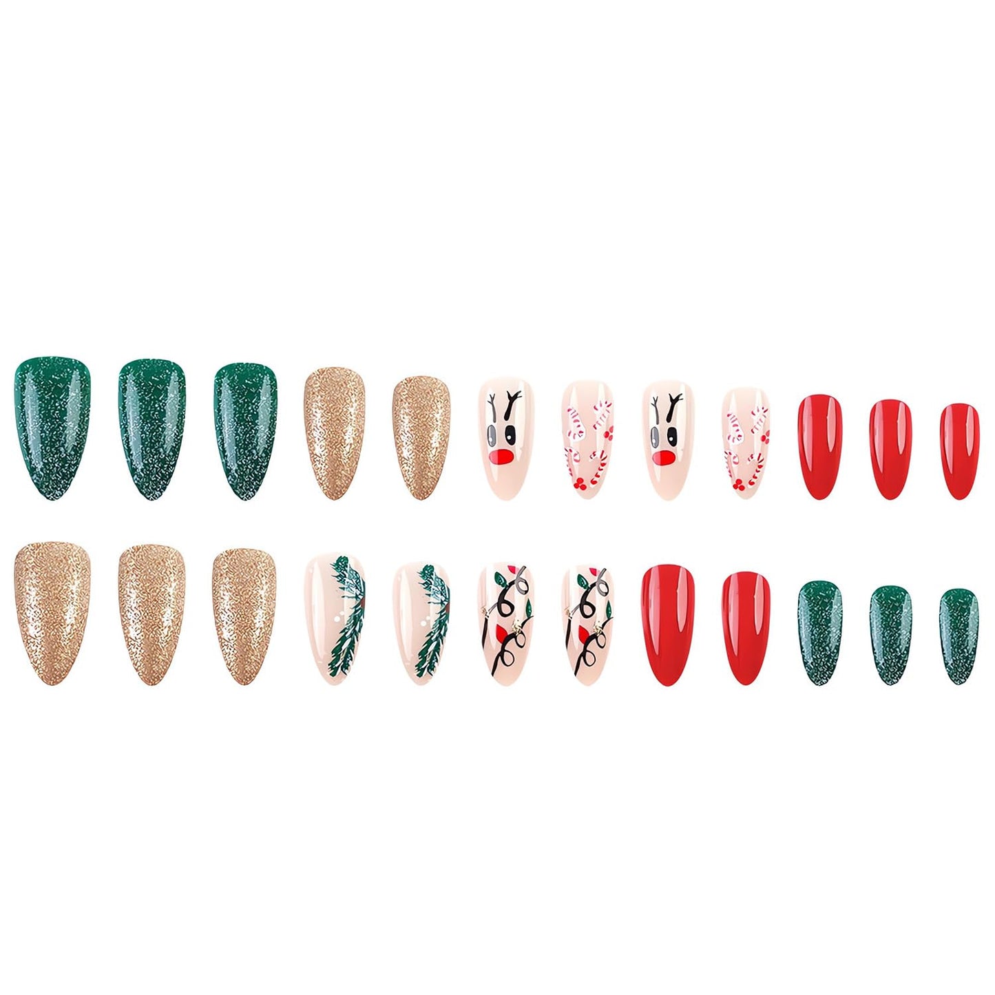 Cute Christmas Press on Nails Almond Fake Nails with Deer Glitter Cane Christmas Light Designs Medium Glue on Nails Glossy Winter False Nail Tips Full Cover Gel Artificial Nails Stick on Nails 24Pcs