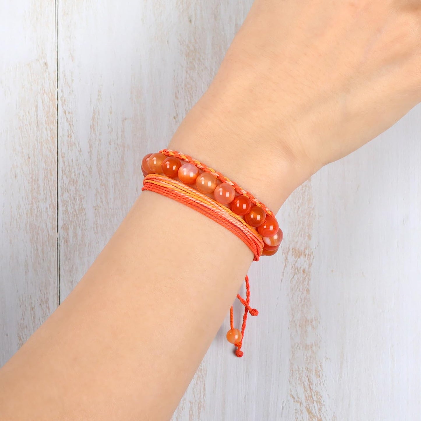 QOGIR Handmade Healing Bracelets,8mm Natural Orange Carnelian Gem Stone Beads Bracelet for Men Women Gifts with 2PCS Size Adjustable Rope Bracelets
