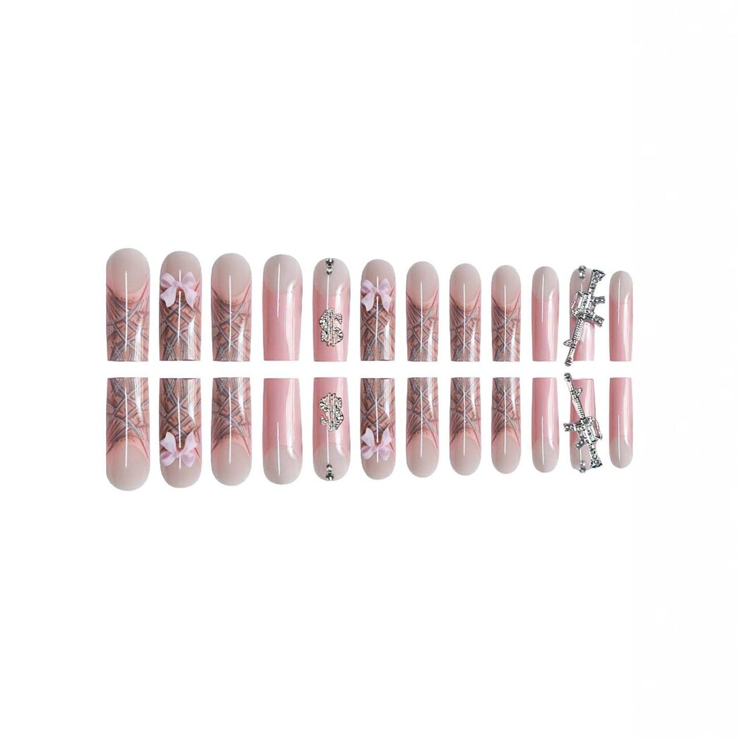 FIEONCIY Press on Nails Coffin Long Length Acrylic Glossy Full Cover Square Shaped French False Nails with Designs Artificial Extra Long Fake Nails with Charms Glue ons Fingernails for Women(AA106)