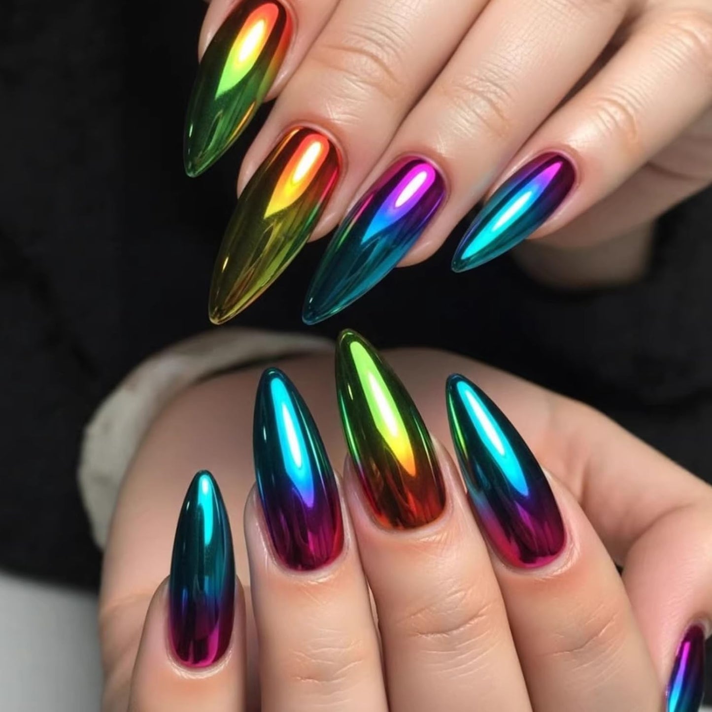 CJDLTS Multicolor Press on Nails Medium Artificial Almond Acrylic Gradient Rainbow False Nails Solid Color Chrome Reusable Full Cover Glossy Press Ons Artificial Fingernails for Women Manicure 24Pcs
