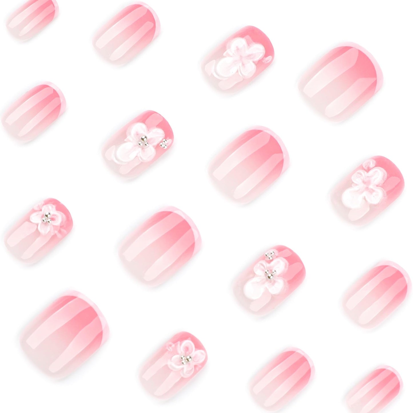 Pink Press on Nails Short Square Fake French Tip Nails wtih Cute Flower Design Acrylic Full Cover Stick on False Nails for Women Manicure 24Pcs