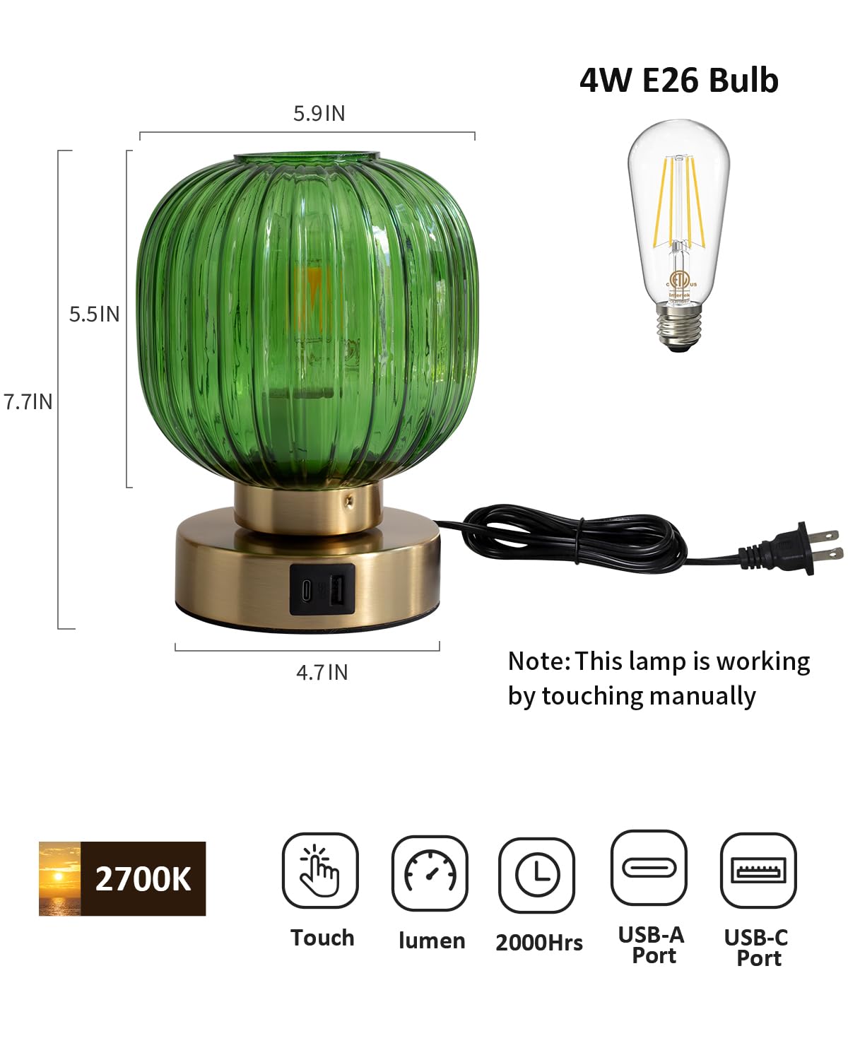 Elenhome Touch Control Small Table Lamp Set of 2, Elegant Green Glass Bedside Lamp 3 Way Dimmable with USB C+A Charging Ports - Bedroom Nightstand & Living Room Essential, 4W Bulb Included